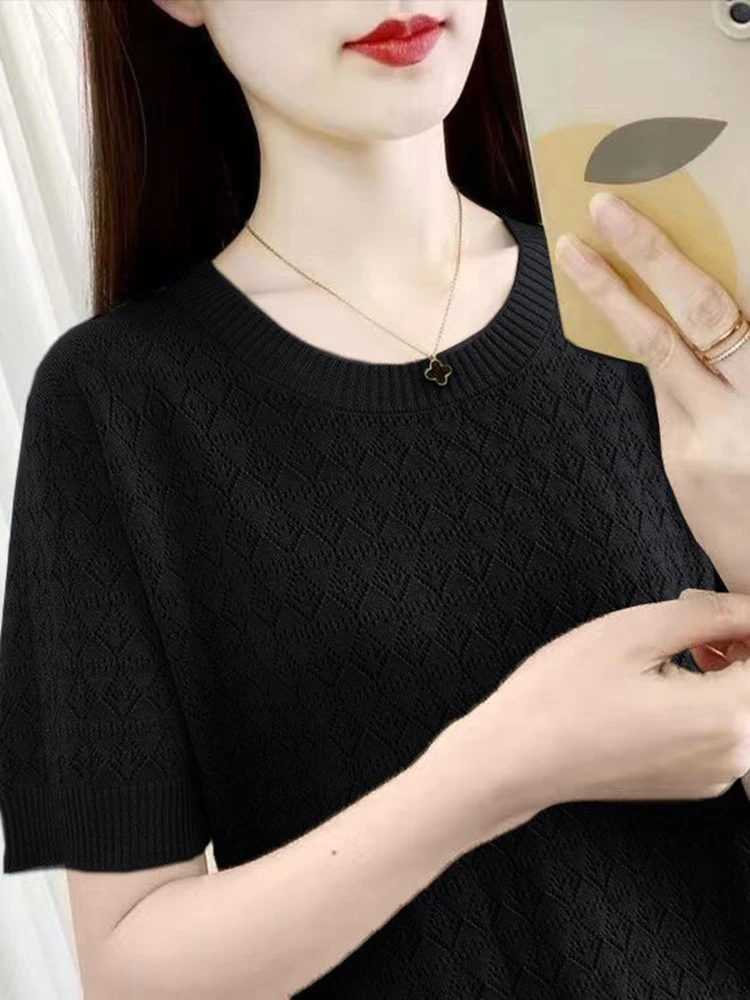 Hollow Out T-shirts Women Summer Ice Silk Knitted Female Tshirt Half Sleeve Casual Loose Korean Solid O-neck Pullover Tops 2024