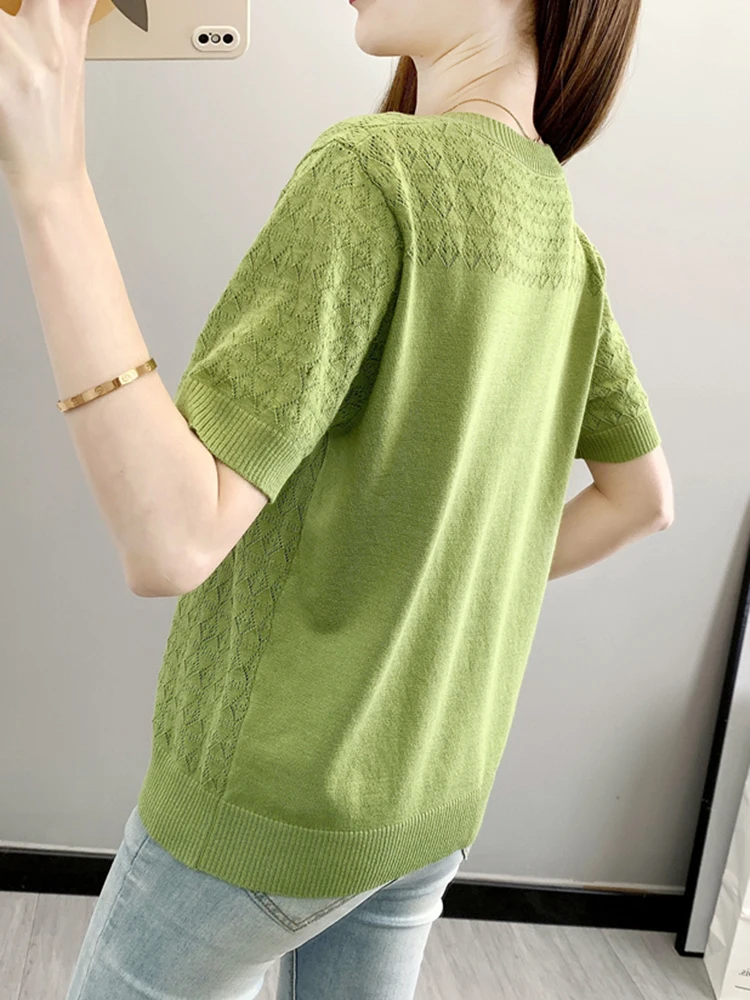 Hollow Out T-shirts Women Summer Ice Silk Knitted Female Tshirt Half Sleeve Casual Loose Korean Solid O-neck Pullover Tops 2024