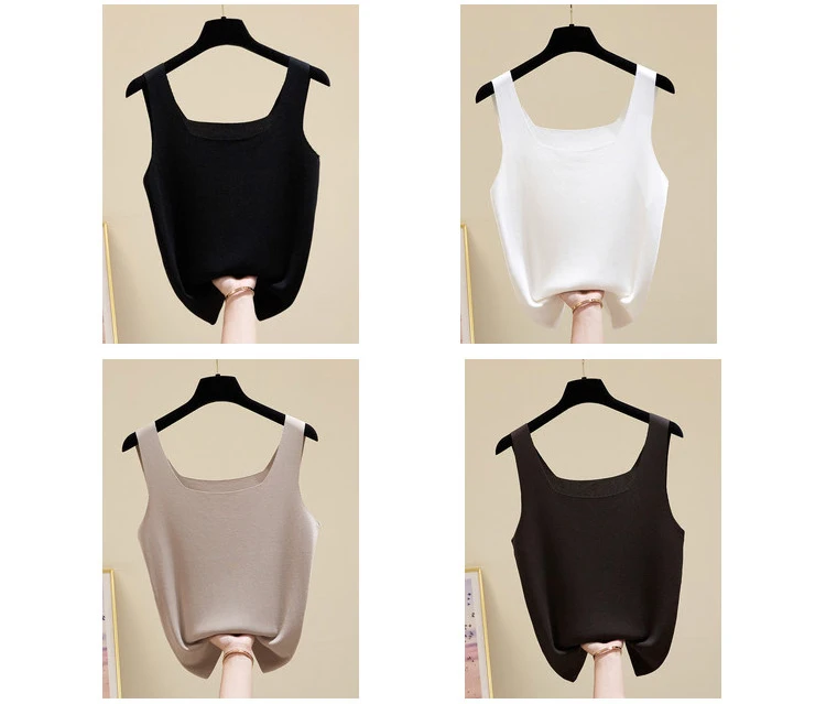 2024 Summer Off Shoulder Tank Tops Women Fitness Short Camis Vest Female Knitted Sexy Square Collar Solid Crop Tops