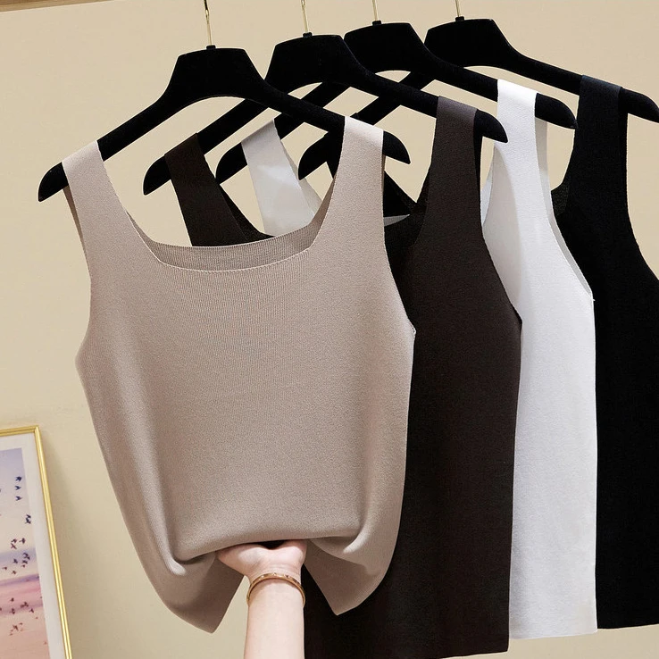 2024 Summer Off Shoulder Tank Tops Women Fitness Short Camis Vest Female Knitted Sexy Square Collar Solid Crop Tops