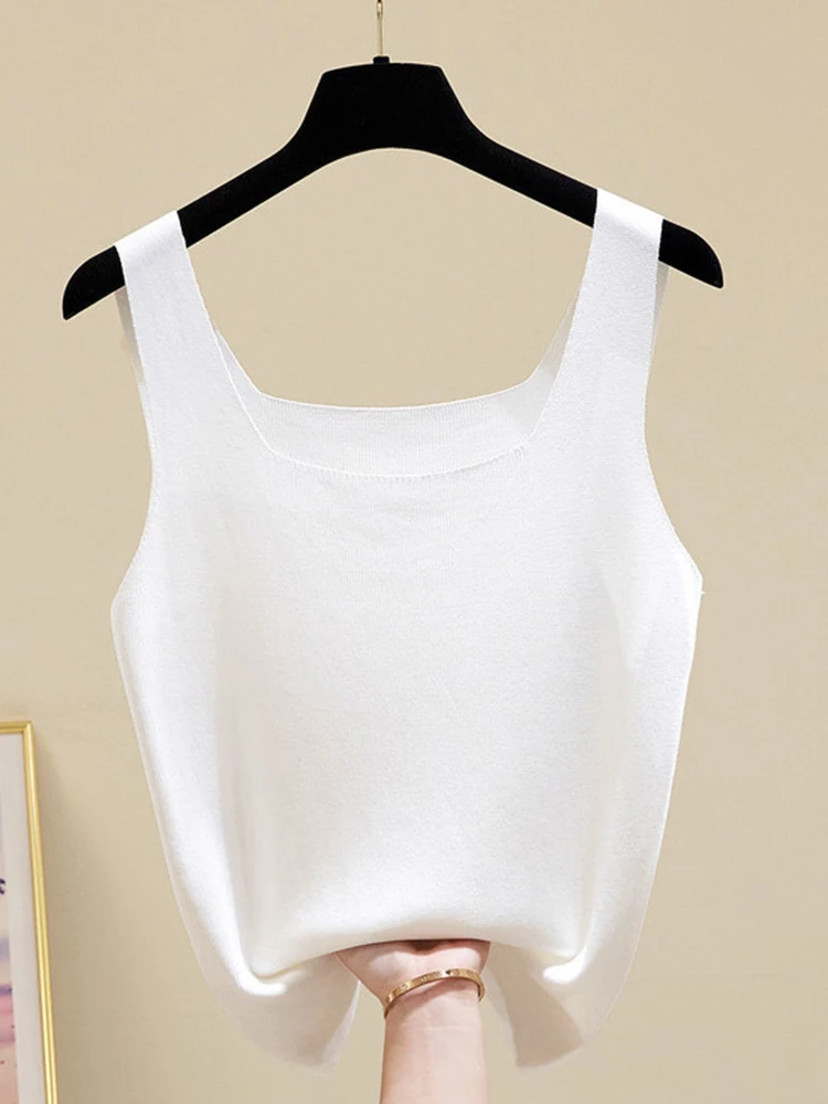 2024 Summer Off Shoulder Tank Tops Women Fitness Short Camis Vest Female Knitted Sexy Square Collar Solid Crop Tops