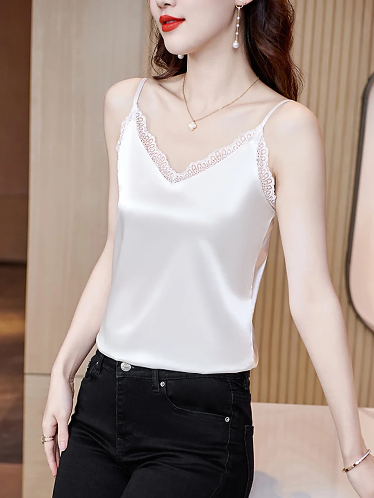 2024 Tank Tops Women Satin Silk Sleeveless Sexy Lace V Neck Female Camisole Spaghetti Strap Vest Top Slim Solid Summer Clothes