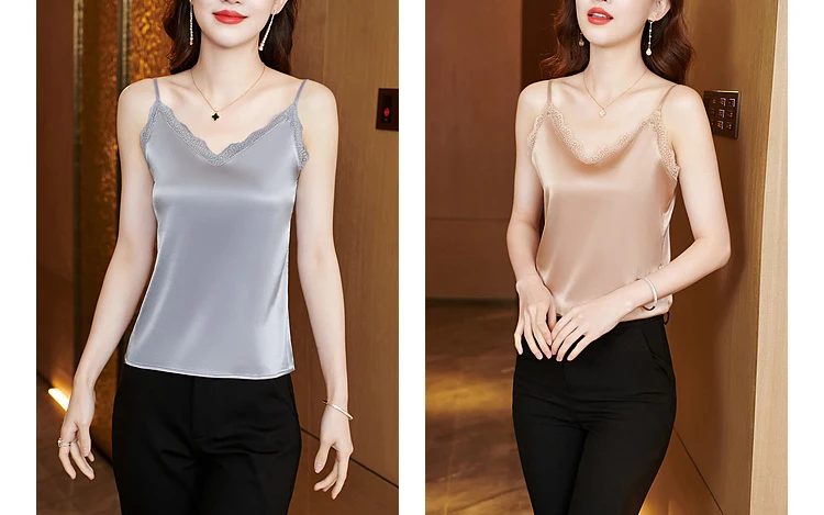 2024 Tank Tops Women Satin Silk Sleeveless Sexy Lace V Neck Female Camisole Spaghetti Strap Vest Top Slim Solid Summer Clothes