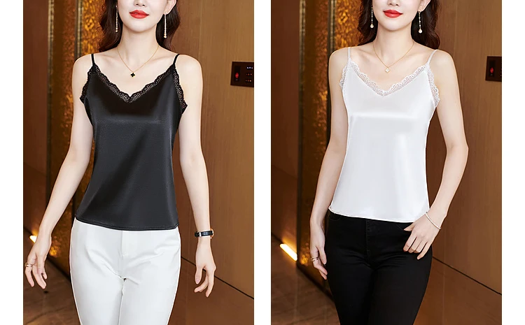 2024 Tank Tops Women Satin Silk Sleeveless Sexy Lace V Neck Female Camisole Spaghetti Strap Vest Top Slim Solid Summer Clothes