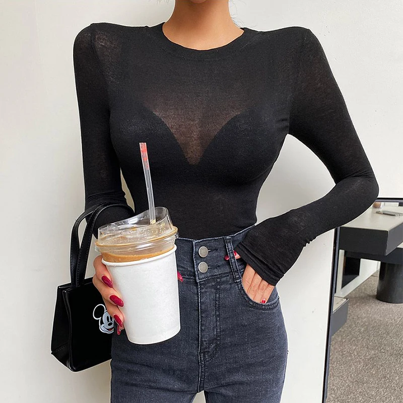 Basic Cotton Summer T Shirt Women Long Sleeves Tee Shirt High Elasticity Breathable Sexy Thin T-shirt see through Female Top