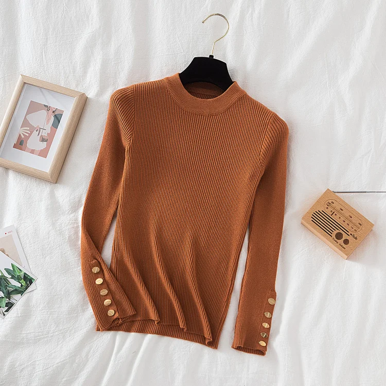 2024 women thick sweater pullovers khaki casual autumn winter button o-neck chic sweater female slim knit top soft jumper tops