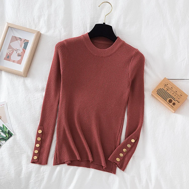 2024 women thick sweater pullovers khaki casual autumn winter button o-neck chic sweater female slim knit top soft jumper tops