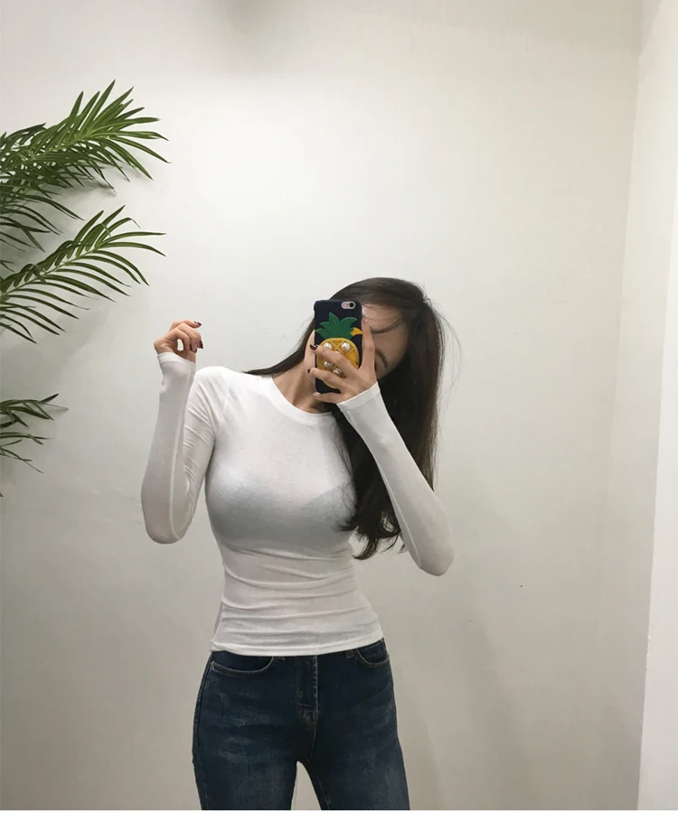 T Shirt Korean Style Slim T-shirts 2024 Sexy Tshirts Cotton Long Sleeve Summer Tops Tee Shirt Femme Khaki Blue White Black