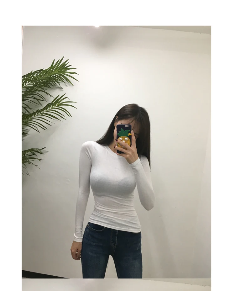 T Shirt Korean Style Slim T-shirts 2024 Sexy Tshirts Cotton Long Sleeve Summer Tops Tee Shirt Femme Khaki Blue White Black