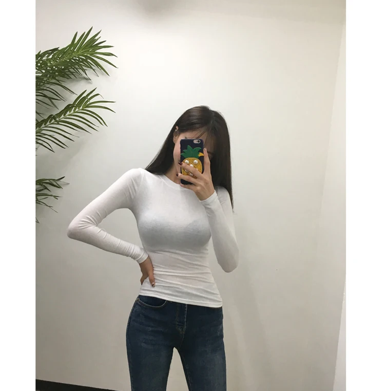 T Shirt Korean Style Slim T-shirts 2024 Sexy Tshirts Cotton Long Sleeve Summer Tops Tee Shirt Femme Khaki Blue White Black