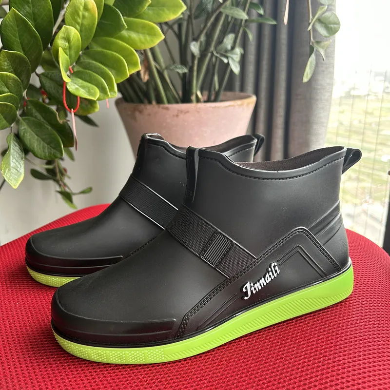 STRONGSHEN Mens Rubber Slip on Rainboots Fishing Boots Waterproof Plush Rubber Shoes Low Top Comfortable Non-Slip Work Chef Shoe