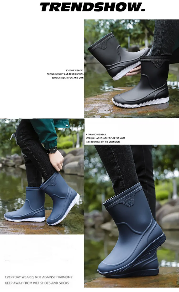 STRONGSHEN Fashion Men Rain Boots Waterproof Rubber Ankle Boot Non Skid Work Shoes Comfortable Rainy Shoes Outdoor Fishing Shoes