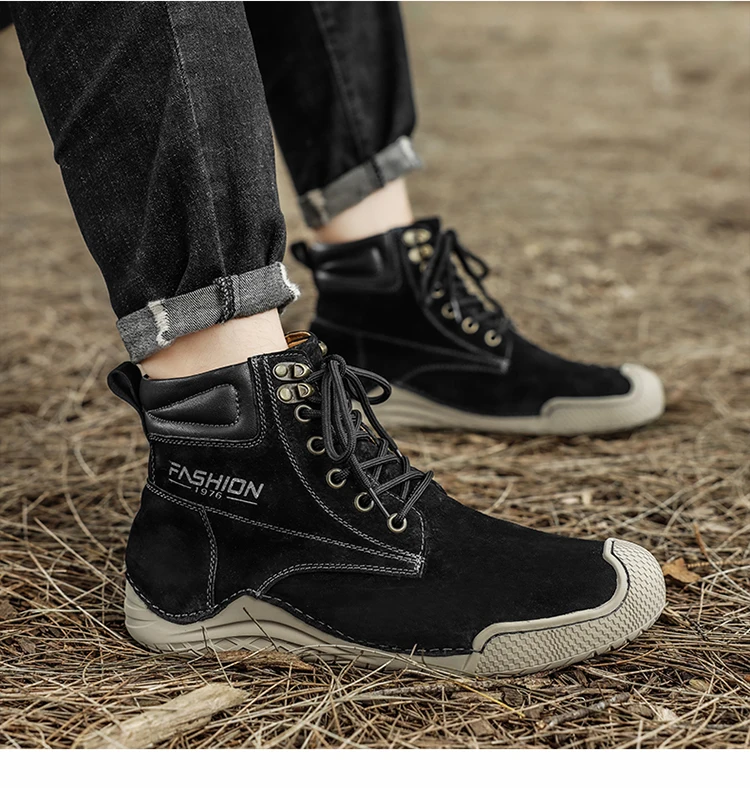 STRONGSHEN Men Boots Handmade Leather Casual Shoes Winter With Fur High Top Shoes Lace Up Comfort Walking Shoes Moccasins Boots