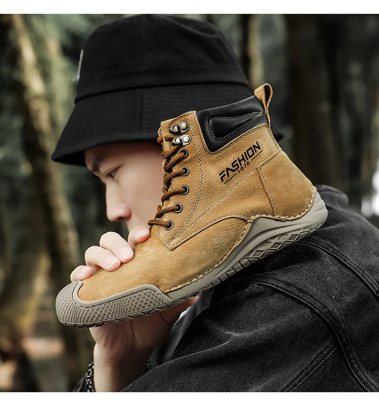 STRONGSHEN Men Boots Handmade Leather Casual Shoes Winter With Fur High Top Shoes Lace Up Comfort Walking Shoes Moccasins Boots