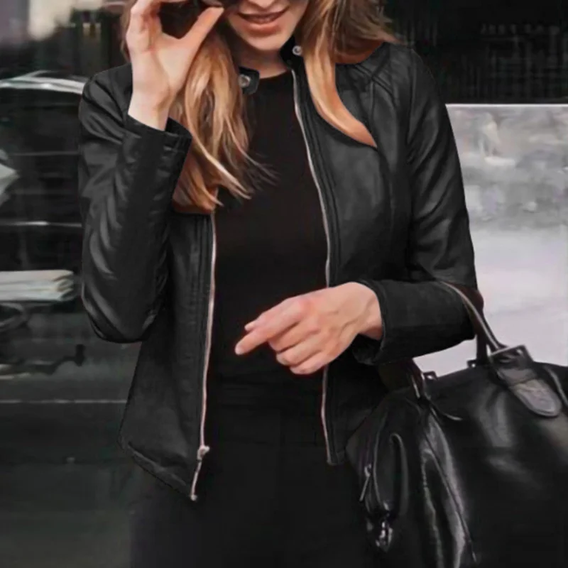 Slim Fit Faux Leather Jacket Women Classic Moto Biker PU Leater Jacket Spring Autumn Basic Zipper Coat Outerwear