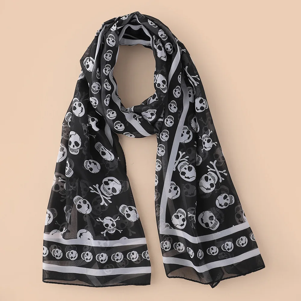 Black Chiffon Silk Feeling Skull Print Fashion Long Scarf Shawl Scaf Wrap For Women