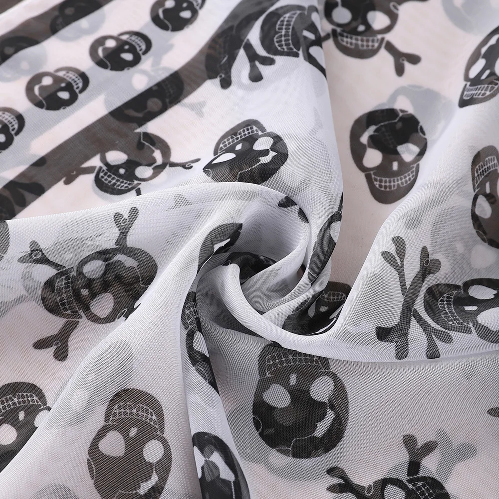 Black Chiffon Silk Feeling Skull Print Fashion Long Scarf Shawl Scaf Wrap For Women