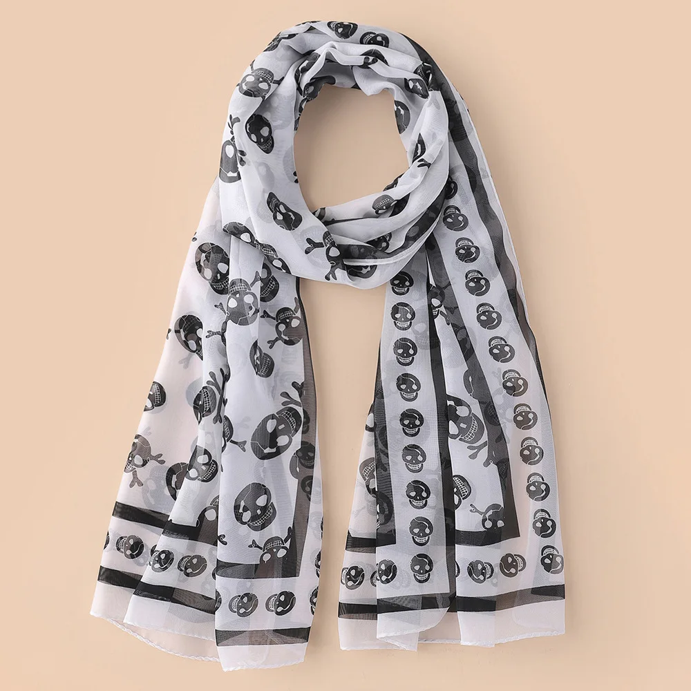 Black Chiffon Silk Feeling Skull Print Fashion Long Scarf Shawl Scaf Wrap For Women