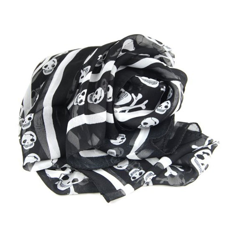 Black Chiffon Silk Feeling Skull Print Fashion Long Scarf Shawl Scaf Wrap For Women +