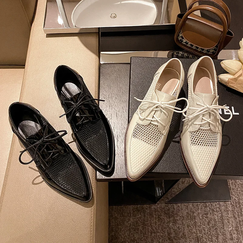 2023 Spring Net Cloth Oxfords Women Shoes Lace-Up Ladies Brogue Flat Derby Shoes Pointed Toe Lace-up Heels Women Shoes for Women