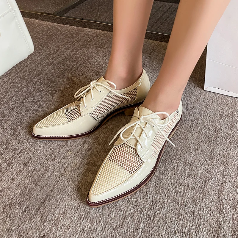 2023 Spring Net Cloth Oxfords Women Shoes Lace-Up Ladies Brogue Flat Derby Shoes Pointed Toe Lace-up Heels Women Shoes for Women