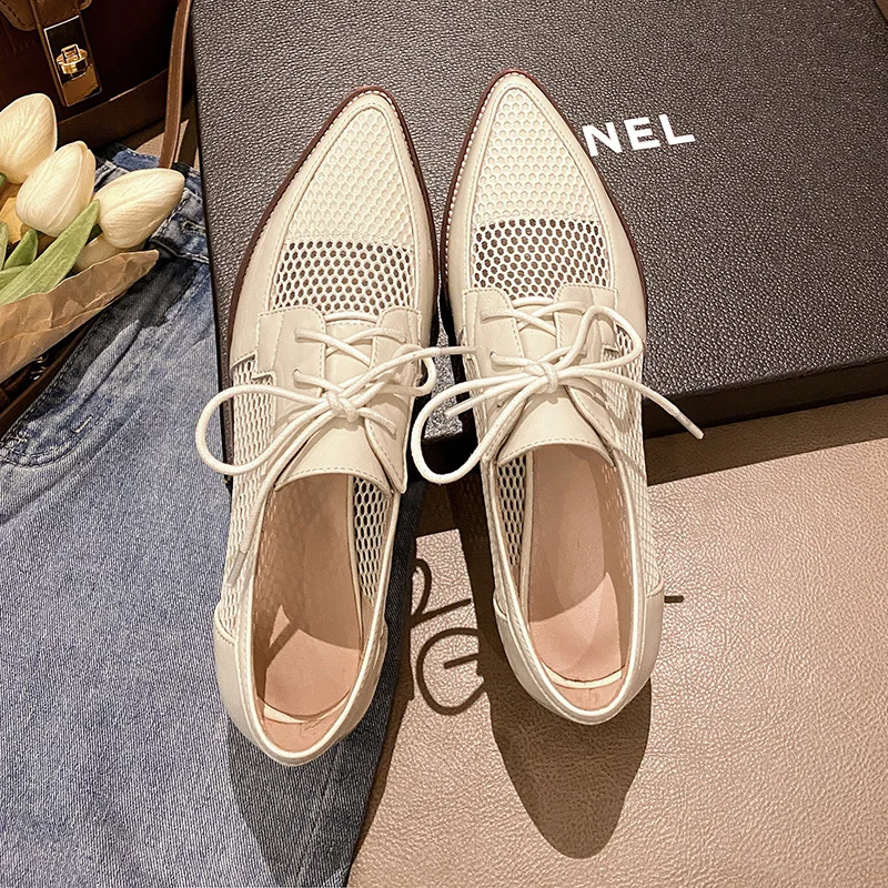 2023 Spring Net Cloth Oxfords Women Shoes Lace-Up Ladies Brogue Flat Derby Shoes Pointed Toe Lace-up Heels Women Shoes for Women