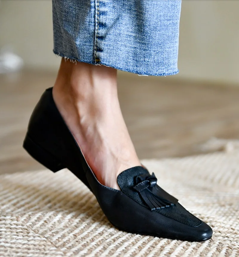 Retro Simple Shoes For Spring Slip On Korea Style Women Loafers Casual Flat Shoes Women‘s Flats Cowhide Loafers For Female