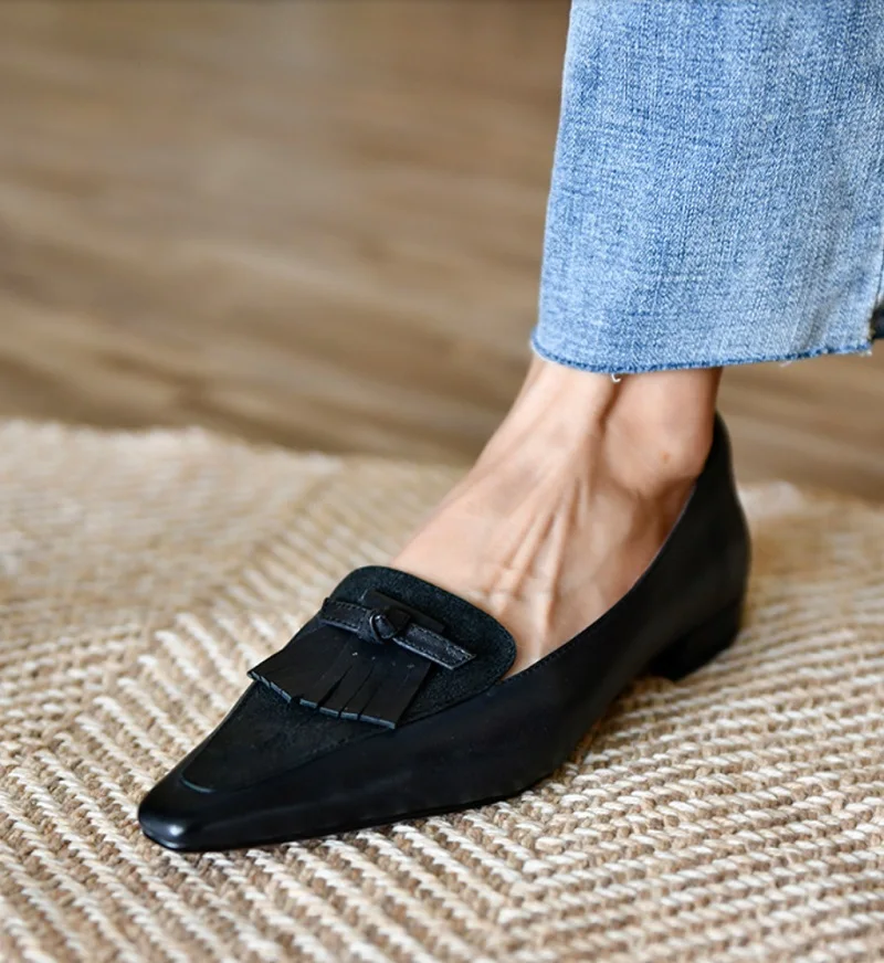 Retro Simple Shoes For Spring Slip On Korea Style Women Loafers Casual Flat Shoes Women‘s Flats Cowhide Loafers For Female