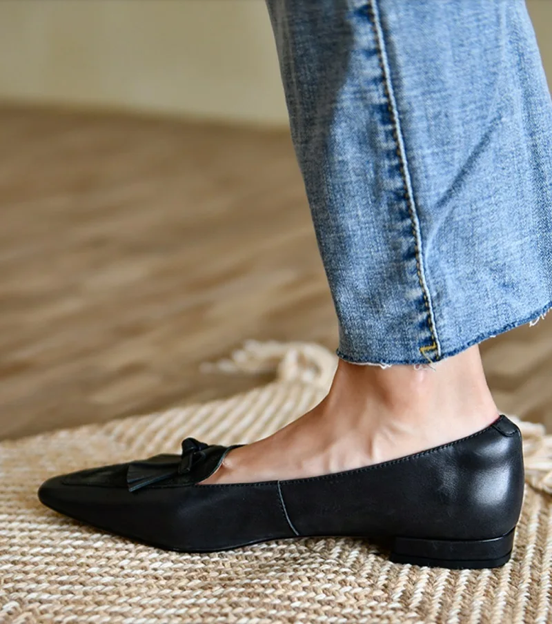 Retro Simple Shoes For Spring Slip On Korea Style Women Loafers Casual Flat Shoes Women‘s Flats Cowhide Loafers For Female